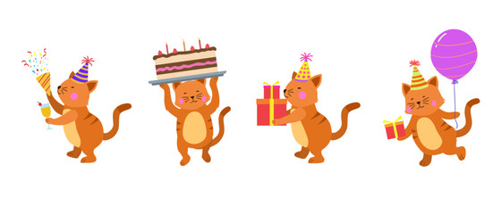 Happy birthday collection with cartoon cat characters. Birthday party vector illustration for greeting cards, invitations, events, posters, stickers, prints.