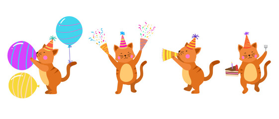 Happy birthday collection with cartoon cat characters. Birthday party vector illustration for greeting cards, invitations, events, posters, stickers, prints.