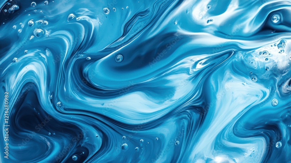 Poster abstract blue background with dynamic shapes and flowing patterns.