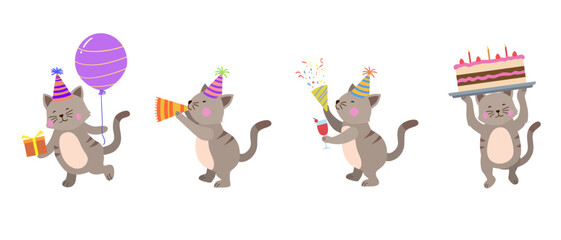 Happy birthday collection with cartoon cat characters. Birthday party vector illustration for greeting cards, invitations, events, posters, stickers, prints.