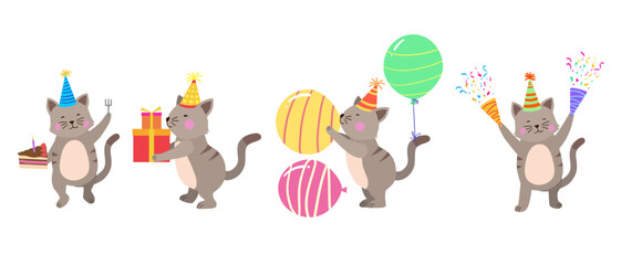 Happy birthday collection with cartoon cat characters. Birthday party vector illustration for greeting cards, invitations, events, posters, stickers, prints.