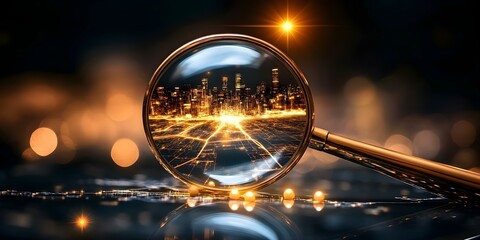 A magnifying glass reflecting a glowing cityscape, symbolizing exploration and urban vibrancy against a blurred background. Concept Magnifying Glass Reflection, Urban Exploration, Glowing Cityscape
