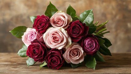 Obraz premium Elegant Bouquet of Pink and Red Roses on Rustic Wooden Table