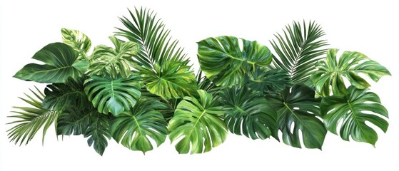 Lush Green Tropical Leaves Monstera Palm Arrangement White Background
