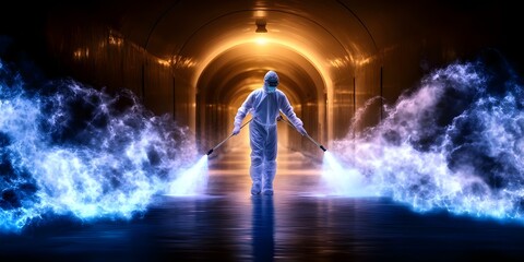 A person in protective gear sprays a corridor, creating blue mist in a dimly lit tunnel with a warm glow. Concept Protective Gear, Spraying Corridor, Dimly Lit Tunnel, Blue Mist, Warm Glow