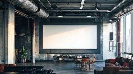 Large interior space with a big white screen, tables, chairs, sofa, pipes on the ceiling
