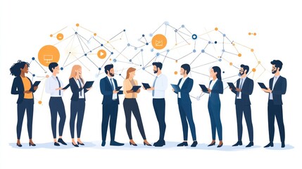 Business networking event with professionals exchanging contact information, on solid white background, single object.