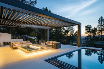 Fototapeta premium Modern Outdoor Patio with Fire Pit and Pool
