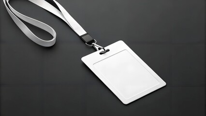  Clean and simple mockup of a white ID badge with a white lanyard on a matte black surface. Perfect for promoting brand identity, name tags, or conference passes.