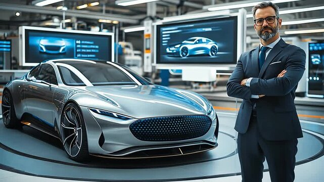 A futuristic car design with an engineer in a modern automotive studio.