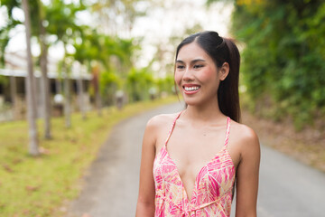 Summer beach portrait of young beautiful Asian woman