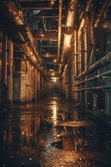 A starry path illuminating a long, industrial corridor, with pipes and cables running along the walls and its light reflecting in puddles on the floor.