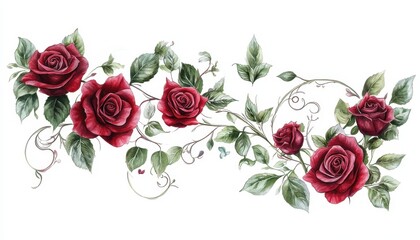 Fototapeta premium Elegant Red Roses and Vine Watercolor Painting