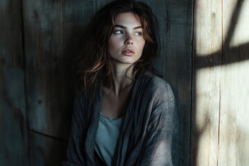 Obraz premium A pensive young woman with brown hair, wearing a gray cardigan, gazes thoughtfully to her side against a rustic wooden backdrop.