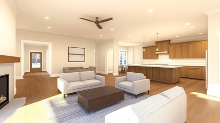 Fototapeta premium Modern open-concept living room and kitchen with wooden accents and natural light, showcasing comfort