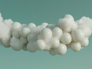 Abstract cluster of floating spheres blending into soft clouds on a teal background
