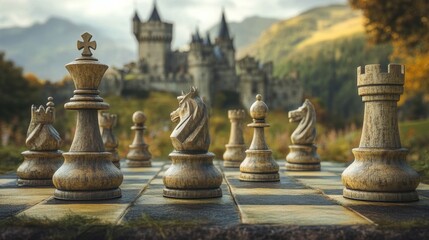 A chess game set in a medieval landscape.