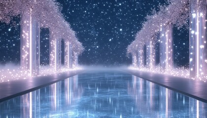 Enchanted Pathway with Glowing Trees and Starry Night Sky