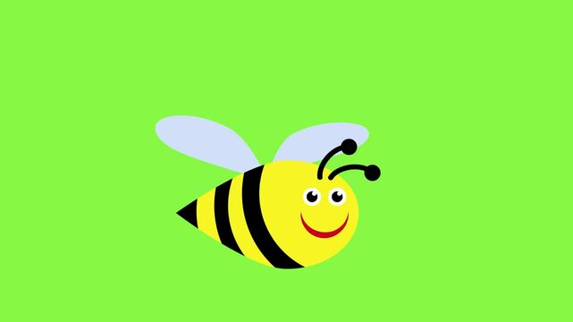Smiling cartoon bee flying on a chroma key background