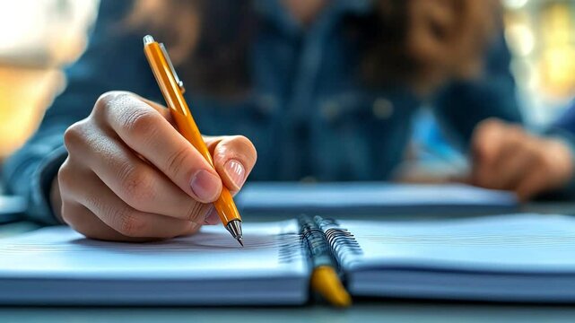 A hand holding a pen, poised over a blank notebook ready for creative writing.