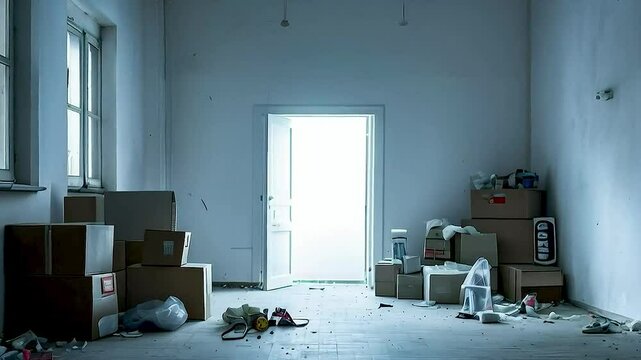 a room with boxes and a chair