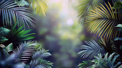 Lush Tropical Paradise: Palm Leaves and Exotic Plants in Vibrant Green