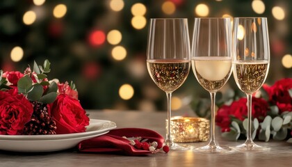 Festive Table Setting with Sparkling Wine and Red Roses