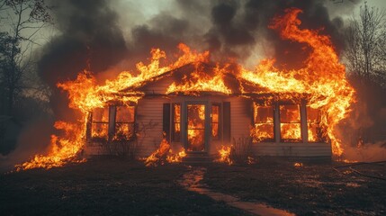 Flaming window frames on the side of an off-white plastic house, a fireball out front, and smoke coming from the windows, billowing through one window.