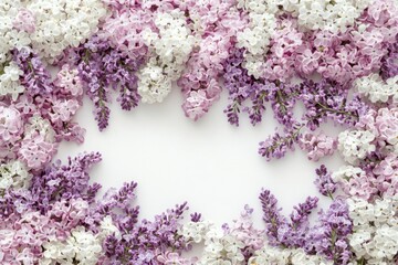 Fototapeta premium Floral frame background with pastel color flowers on white background, top view. Flat lay. Spring and summer concept. Flower border with lilac and lavender for greeting card