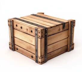 Sturdy wooden crate with metal bands.