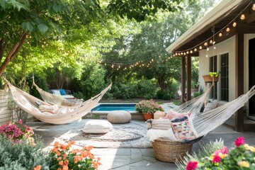 Fototapeta premium Serene Backyard Oasis Featuring Hammocks and Pool