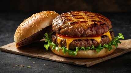 A juicy, round beef patty with dark crosshatch char marks and slightly crispy edges, glistening with natural juices.