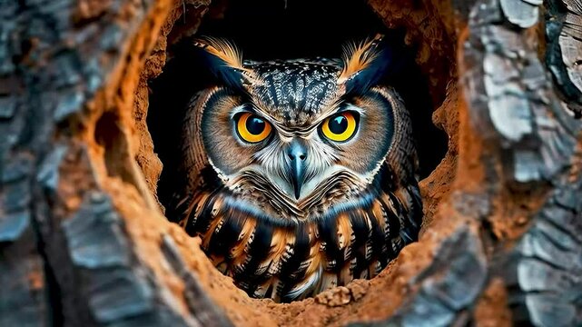 an owl  looking out of  a hollow tree