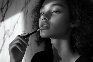 Obraz premium A woman with curly hair applies lip gloss, bathed in sunlight against a marble background.