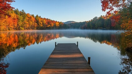 Serene autumn lake with wooden dock, misty sunrise, colorful foliage reflection.