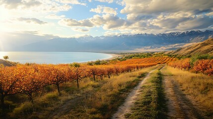autumn landscape with mountains and blue sky