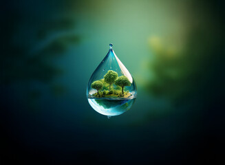 A teardrop of water, pristine and clear, suspends a miniature verdant landscape.  Tiny trees and a small island are visible within. The overall tone evokes peace and environmental fragility.