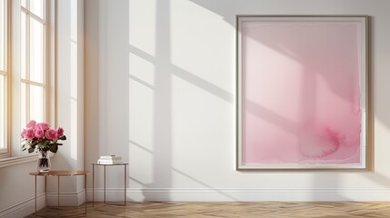 Fototapeta premium A light pink watercolor painting, light-colored walls. A beautiful composition with roses in a vase on a small side table nearby