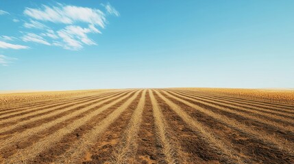 Farmland with rows of crops growing under a clear blue sky, on solid white background, single object.