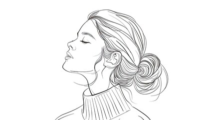 Fototapeta premium A simple line drawing of an elegant woman with her hair in a ponytail, seen from the side and looking slightly down to one side
