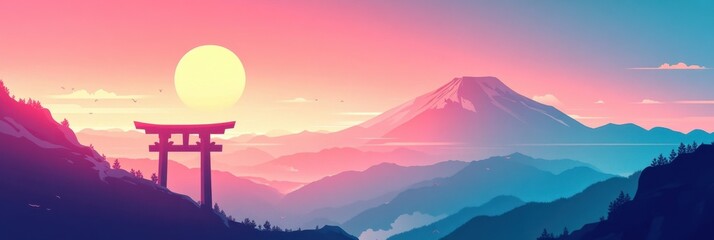 A beautiful sunrise over the Japanese mountain Fuji, with some cherry blossom trees in the foreground.	
