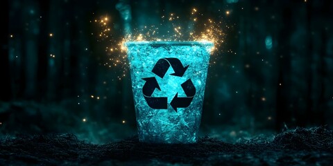 A glowing, magical recycling bin in a dark forest, emphasizing the theme of sustainability and environmental care. Concept Magical Recycling Bin, Sustainability Theme, Enchanted Forest