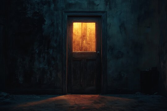 Glowing door in dark, old room.