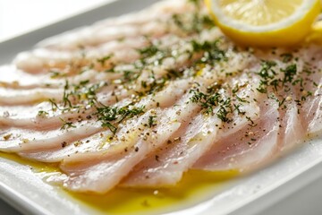 Thinly sliced raw fish carpaccio is drizzled with high-quality olive oil and fresh lemon juice. A sprinkle of herbs enhances the dish's vivid presentation and flavor profile