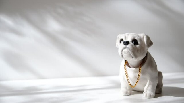 Cute dog toy with shaking head, accompanying the rhythm of the music, funny nodding toy. White background, copy space