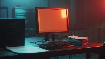 minimalist office desk mockup, with a computer monitor, keyboard, and a stack of paper, soft ambient lighting enhancing the clean, professional design.