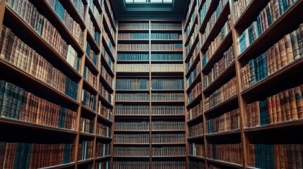 Ancient Bookshelves Filled with Vintage Volumes in a Grand Library