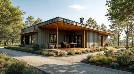 Modern house design with a blend of concrete and wood amidst a lush green landscape in daylight