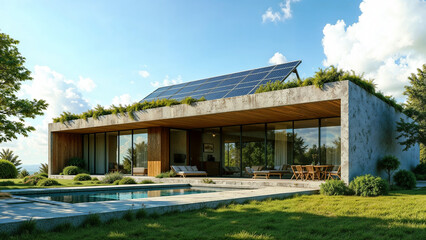 Obraz premium Modern eco-friendly homes nestled in a lush green landscape surrounded by trees and rocks