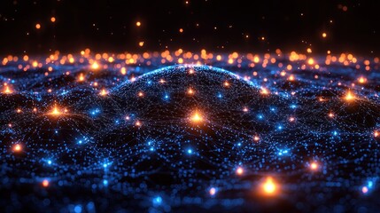 Naklejka premium Blue network with orange dots. Abstract, futuristic graphic background. Use tech.